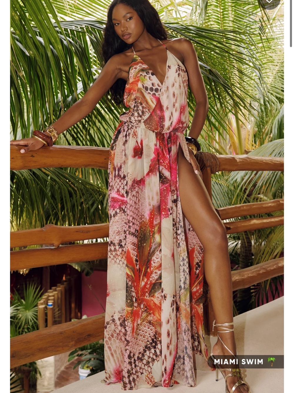 White Fox Boutique Floral Cream and Pink Maxi Dress